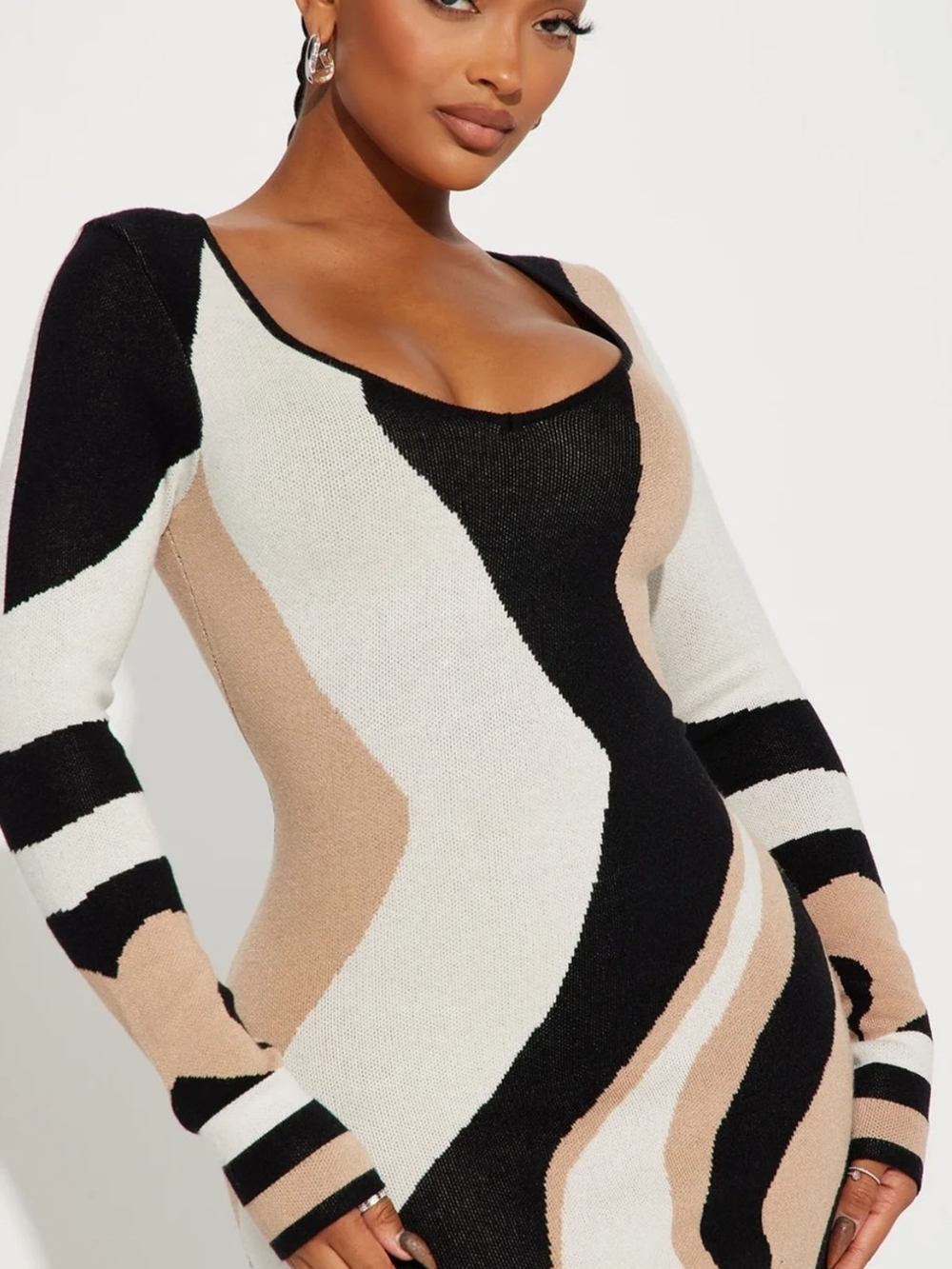 Fashion Nova Black, White & Tan Scoop Neck Sweater Dress